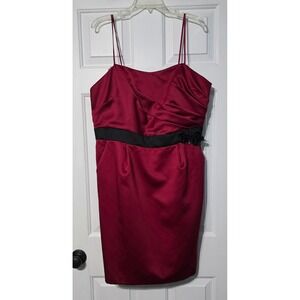 David's Bridal Women Wine Red Satin Cocktail Dress Black Sash Size 20